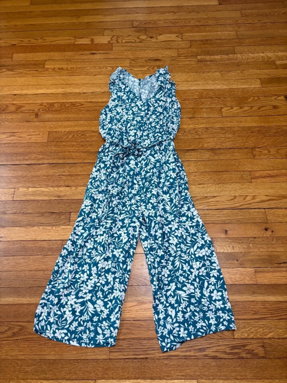 Old Navy Womens Tank Jumpsuit Size Large Teal White Floral Rayon Wide Leg Crop